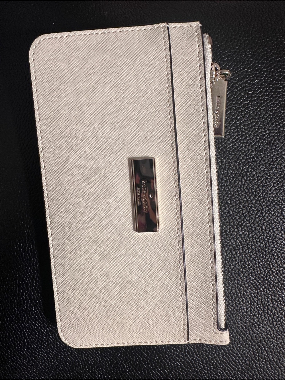 kate spade blush pink saffiano zip card wallet with gold-tone plaque